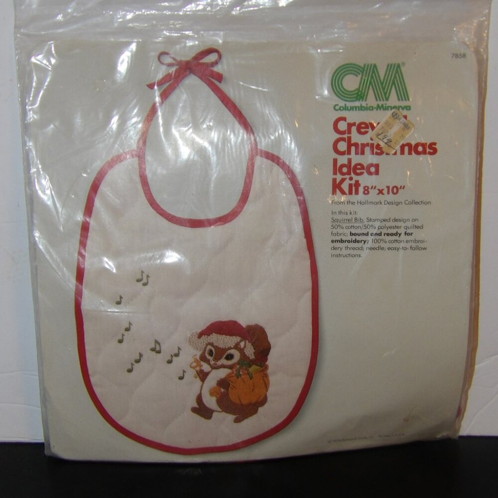 Vintage Columbia Minerva Cross stitch SQUIRREL Bib Kit 1975
